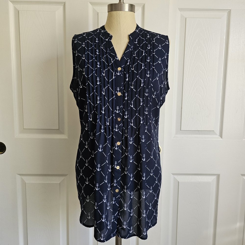 Charter Club Navy Anchor Print V-neck Blouse